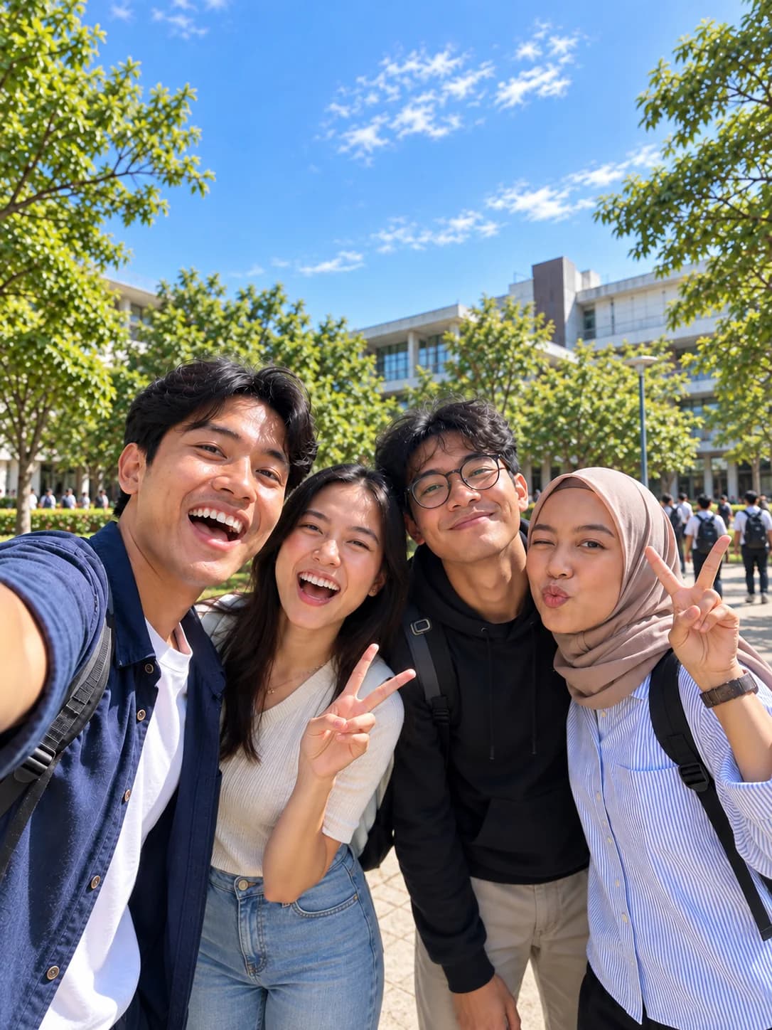 Four friends taking a selfie together on a university campus.