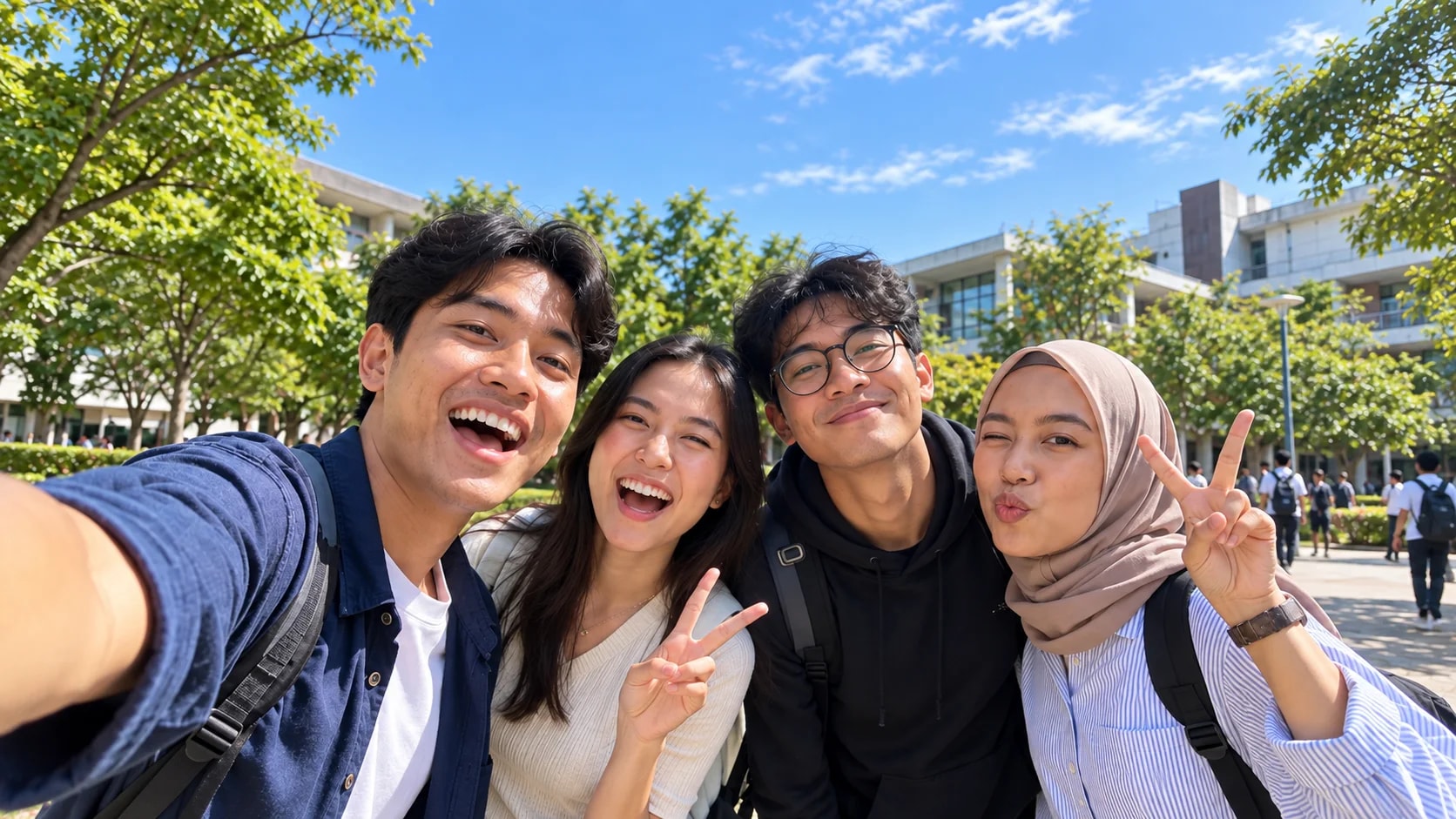 Four friends taking a selfie together on a university campus.